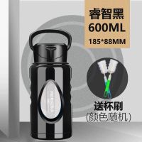 大容量双层玻璃水杯男士便携隔热创意潮流泡茶杯耐高温大号杯子女 睿智黑600ML+杯刷