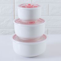 保鲜碗卡通草莓陶瓷碗欧式高档陶瓷保鲜碗陶瓷密封碗便当盒三件套 经典纯白