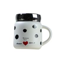 韩版迷你可爱陶瓷杯办公室女喝水马克杯情侣奶牛咖啡杯子带盖带勺 白色点 单杯+盖