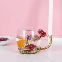 家用玫瑰珐琅彩水杯花茶杯 办公室泡茶耐热玻璃杯透明杯子情侣杯 白杯红玫瑰矮不含勺简装