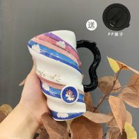 史努比马克杯大容量陶瓷水杯带盖创意个性情侣杯少女潮流杯子 蓝色独角