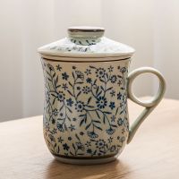 茶水分离青花瓷水杯陶瓷带盖带过滤泡茶马克杯办公家居会议花茶杯 青花1号色款 三件套(杯身+盖子+内胆)