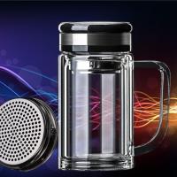 带把玻璃杯大容量办公室茶杯双层耐热带盖过滤加厚男女士加厚水杯 380ml烧底黑色