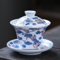 手绘白瓷三才盖碗茶杯描金薄胎单个家用茶器陶瓷功夫茶具套装茶碗 五福临门盖碗