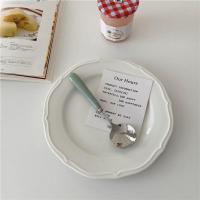 复古陶瓷厚手柄不锈钢圆头甜品勺蛋糕叉水果叉莫兰迪色 豆沙绿勺