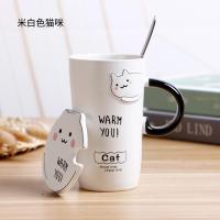 卡通可爱猫陶瓷杯马克杯咖啡杯带盖带勺男女学生韩版可爱水杯 小白猫White cat+盖子+勺