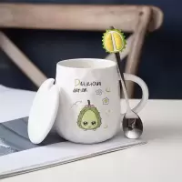 【回头客多】可爱卡通榴莲水果陶瓷杯学生韩版带盖勺情侣水杯家用 榴莲A款单杯+盖勺 301-400ml