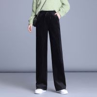 灯芯绒阔腿裤女高腰加绒垂感直筒裤子女宽松显瘦休闲秋冬条绒女裤 黑色灯芯绒阔腿裤[春秋不加绒] M [建议体重85-100