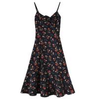 2021春灯芯绒吊带连衣裙内搭打底收腰修身搭配复古印花A字女黑裙 花色 S