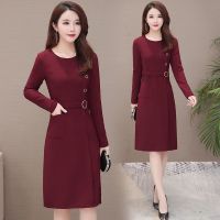 加绒/不加绒2021春秋新款中长款长袖连衣裙女中年妈妈装打底A字裙 酒红色圈圈款 M 建议100斤以下