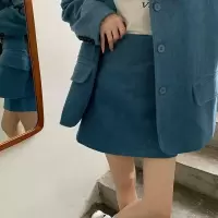 时尚套装女百搭灯芯绒西装外套春秋新款半身裙a字短裙韩版ins潮 单件蓝色短裙 S