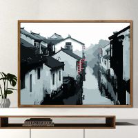 数字油画diy填色手工制作生日礼物卡通人物花卉涂色画 客厅装饰画 560水墨古镇 40*50亚麻画布(无内框)