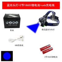 感应蓝白双光头灯强光T6充电防水变焦LED头戴式手电筒钓鱼夜钓灯 感应T6蓝光[2电池1USB线]