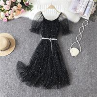 2021新款超仙buling透视网纱一字肩星空连衣裙女夏收腰显瘦仙女 黑色 [夏日清凉方领仙女裙]+腰带 S 建议70斤