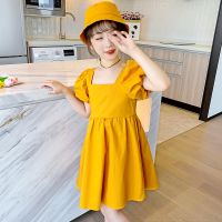 女童连衣裙夏季2021新款洋气韩版棉布公主裙儿童夏装泡泡袖裙子 姜黄色 送帽子 110