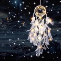 房间装饰品捕梦网风铃挂饰生日礼物卧室挂件羽毛小饰品室内床头灯 黎云梦暖-月光白(送灯) 送:贺卡(可代写)+无痕挂钩