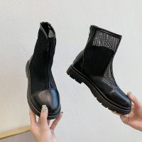 马丁靴夏季薄款女2021年夏新款英伦风透气拉链网靴镂空厚底短靴子 黑色(跟高3厘米) 35
