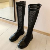 长靴子女夏季薄款2021年新款夏天网靴镂空凉靴百搭透气网纱长筒靴 黑色(跟高3cm) 35 标准码