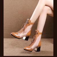 鱼嘴凉鞋女新款夏季网靴镂空凉靴皮靴子包头凉鞋中跟粗跟镂空大码 包头棕色 35