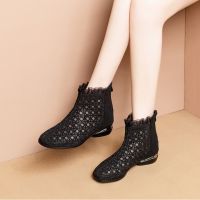 镂空网靴女2021新款夏单靴平底粗跟网纱透气短靴夏季凉靴大码女靴 黑色 35