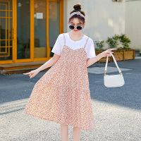 孕妇装雪纺碎花假两件连衣裙夏季2021韩版宽松中长款孕妇夏天裙子 粉色裙 M(建议115以下)