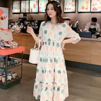 孕妇夏装连衣裙雪纺波点过膝长裙韩版宽松时尚夏季哺乳衣外出潮妈 绿色连衣裙 M码建议90-110斤