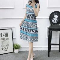 棉绸碎花连衣裙短裙小个子大码显瘦印花裙子沙滩裙海边渡假夏新款 清新小象 S[建议80-95]