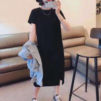 2021中长款连衣裙T恤裙过膝宽松显瘦女学生休闲闺蜜裙t恤裙长裙 黑纯色 M 推荐90斤以内
