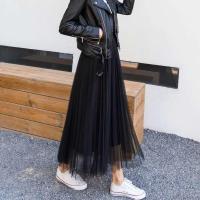 网纱裙女半身裙四季款百褶仙女裙高腰显瘦百搭中长款A字大摆长裙 [四季款黑色]裙长85厘米 约到脚踝 L [100-120