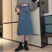 2021春夏新款复古港风牛仔半身裙女高腰显瘦百搭开叉中长款A字裙 复古蓝 S