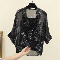 V领印花衬衫女雪纺两件套上衣2021夏款时尚前短后长中袖衬衣ins潮 黑色[小熊款] 拍下当天发货 XS 60斤