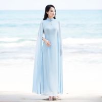 2021年秋装新款中国风立领修身显瘦披风旗袍雪纺仙女复古连衣裙女 4273蓝色连衣裙 M 80-95斤