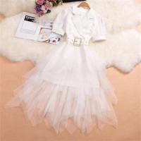 实拍2021夏女装新品西装领收腰带拼纱蓬蓬裙雪纺短袖不规则连衣裙 白色 S