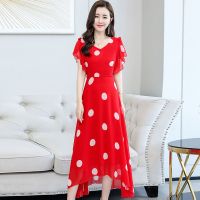 夏季2021年新款时尚气质波点雪纺连衣裙收腰显瘦洋气长款过膝长裙 红色 L 【建议100-110斤】