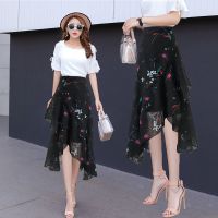 雪纺碎花半身裙女2021夏天高腰显瘦不规则荷叶边裙中长A字包臀裙 黑色小烟花 M 建议80-90斤