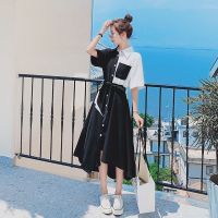 衬衫连衣裙女夏季2021年新法式初恋设计感小众白黑撞色收腰长裙子 黑色 S (建议85-95斤穿)