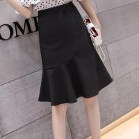 鱼尾裙蕾丝中长半身裙女2021春夏新款韩版高腰荷叶边包臀一步长裙 黑色 布料款 S