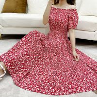 棉绸连衣裙一字肩复古碎花人棉高腰显瘦露肩短袖大摆度假沙滩长裙 A1碎花复古红 M 建议90-100斤