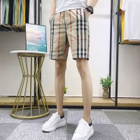 2021新款男生速干修身百搭格子五分短裤社会精神小伙四分沙滩裤潮 卡其色 M (80-100斤)