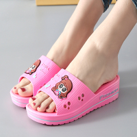 2021新款拖鞋女夏厚底卡通小熊家用浴室凉拖鞋防滑高跟松糕鞋外穿 小女孩-粉色 38适合37码脚穿