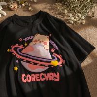 EDFIRST快乐星球小熊古着短袖T恤女生ins超火上衣国潮情侣装半袖 黑色 S码