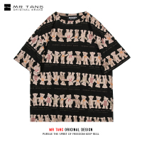 MrTang夏季港风超火小熊满印短袖T恤男女日系街头宽松休闲情侣潮 黑色M码