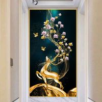 自粘3d现代玄关2020新款贴画客厅过道竖版画富贵九鱼荷花图装饰画 1款富贵花开A 超小号尺寸:宽50cmX高80cm