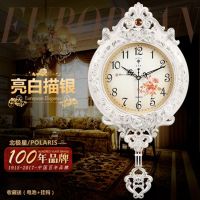 北极星客厅静音挂钟欧式创意石英钟家用时钟卧室摇摆钟表挂墙上 象牙白银花