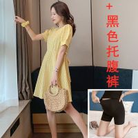 孕妇装夏装怀孕期宽松显瘦格子上衣时尚外出哺乳裙夏季孕妇连衣裙 单黑色托腹裤 M