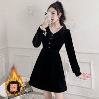 秋冬新款长袖哺乳连衣裙中长款加绒显瘦喂奶衣金丝绒A字裙哺乳裙 黑色短款 M码(建议90-110斤)