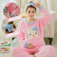 秋冬法兰绒月子服孕妇产妇睡衣女可哺乳加厚宽松珊瑚绒家居服 绒套头款-粉色KT猫 S(70斤--95斤)