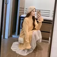 加厚哺乳衣外出中长款毛衣过膝产后喂奶衣秋冬新款宽松哺乳连衣裙 黄色孕妇款的[无哺乳口] S