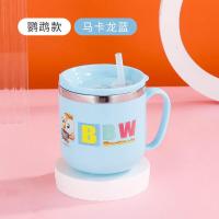 304不锈钢简约婴幼儿卡通水杯喝奶学饮吸管杯密封盖防摔男女学生 吸管杯320ML[鹦鹉蓝]