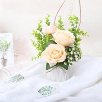 北欧ins仿真花假花餐桌卧室客厅高档摆设盆栽摆件套装塑料绢花 香槟玫瑰+陶瓷瓶